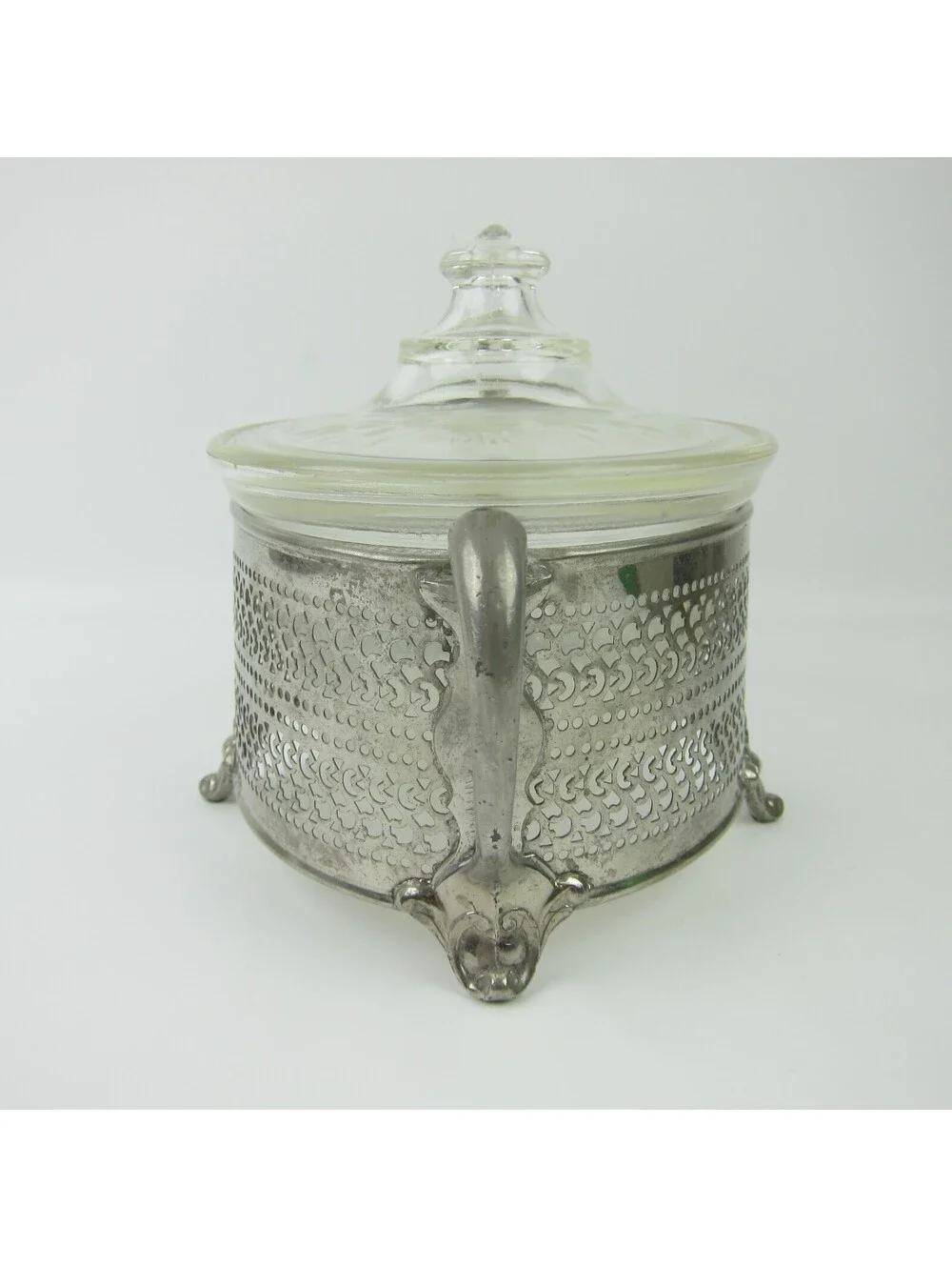 Vintage PYREX Covered Casserole Dish Floral Etched Lid Mara Silver Metal Stand
